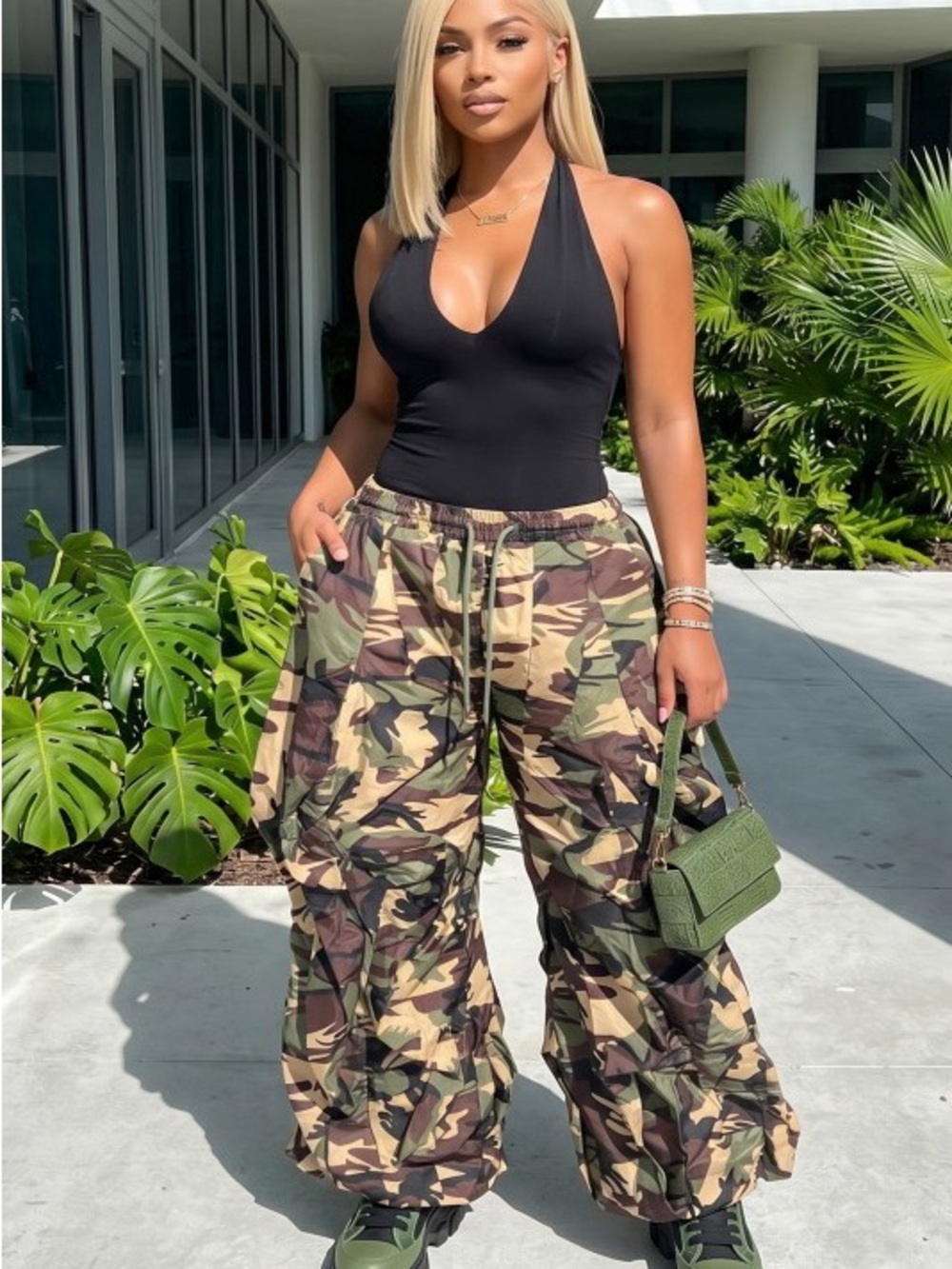 Wide-Leg Camo Cargo Pants - Olive Camo P-44951-2CLRS